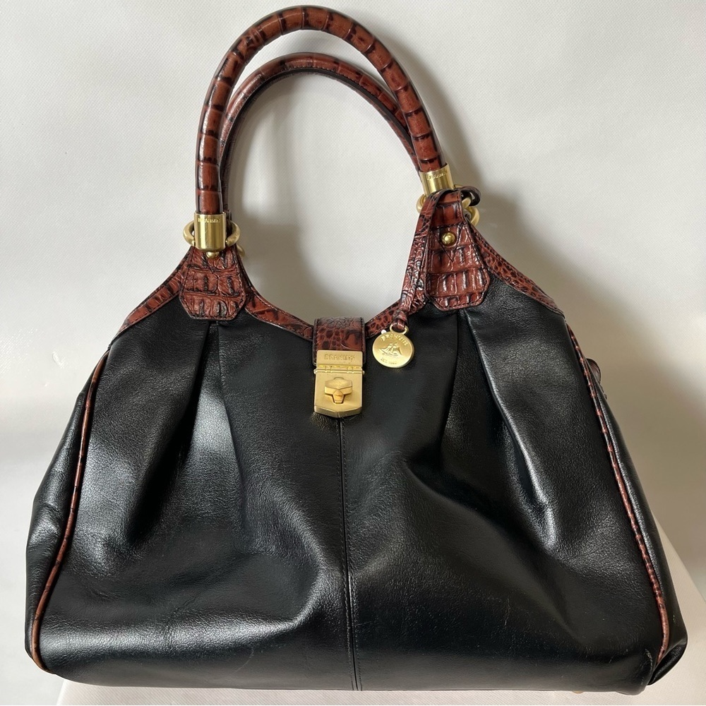 Brahmin Elisa Black Tuscan Leather Satchel Handbag